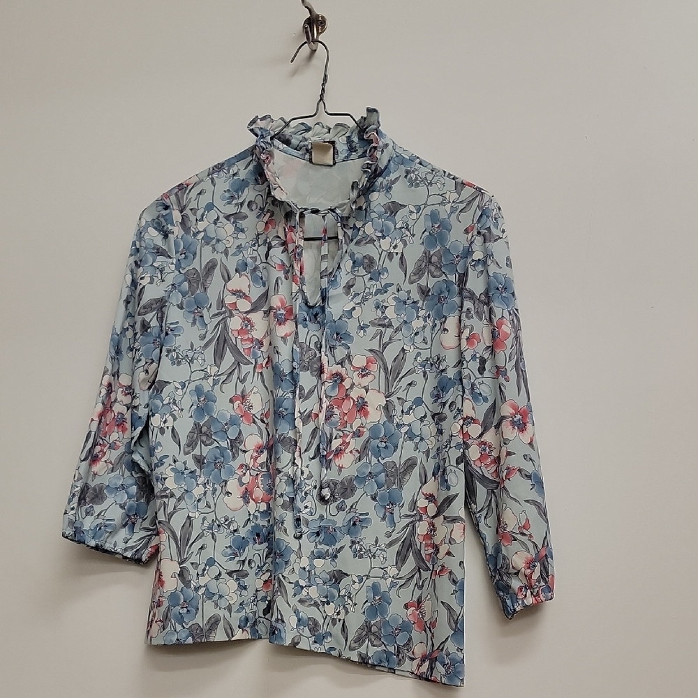 Vintage 70s Floral Ruffle Tie Neck Blouse - Blue and Pink Large